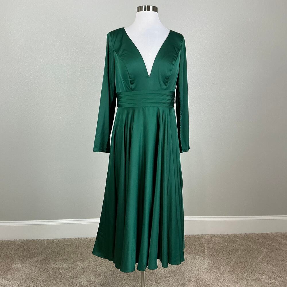 Mac Duggal 67527 Green Cocktail Dress Satin Long Sleeve Fit & Flare Midi Size 14 - Picture 2 of 12
